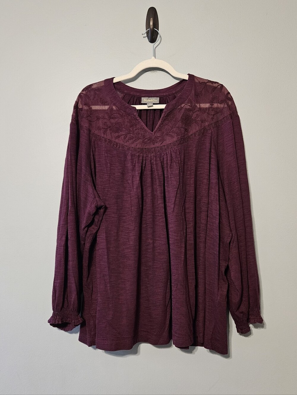 Style & Co. Plum Lace-Yoke Peasant Blouse